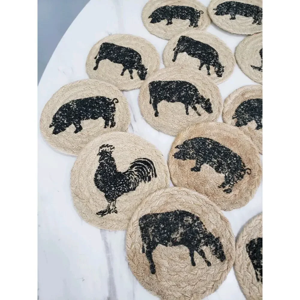 VHC Brand Coasters Cumberland Jute Rustic 4in Set of 15 Cow Chicken Pig Hen Farm